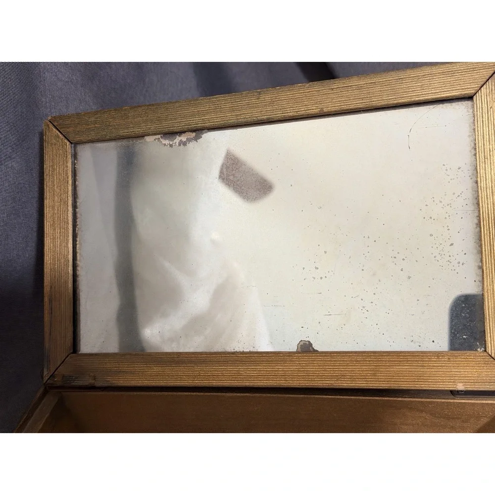Really Old Wooden Jewelry Box With Mirror Floral Glass Top (A3195)
